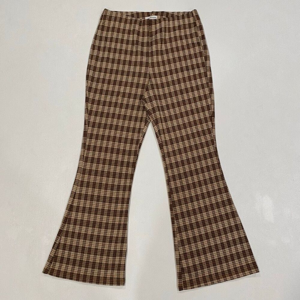 Stitch & Pine Brown Plaid Flare Pants Women’s Small Retro Bell Bottom Checkered